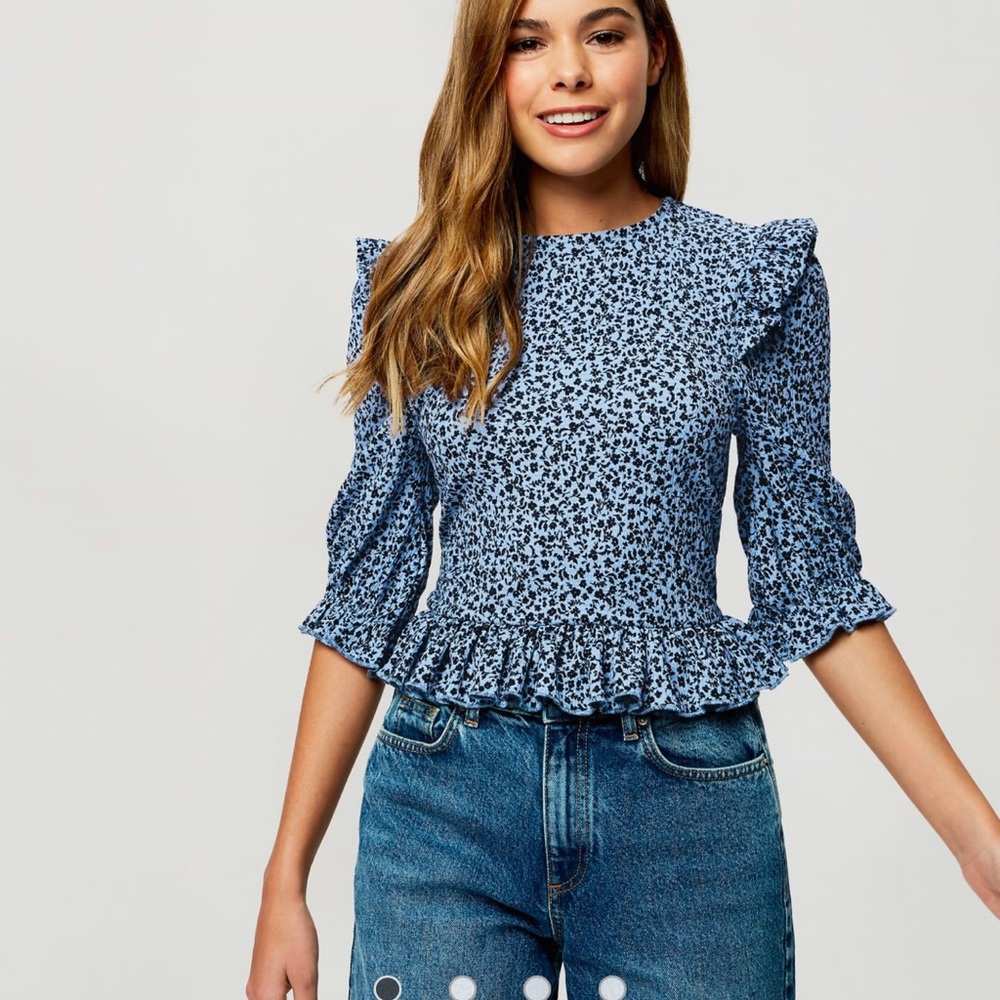ASOS Brand New Miss Selfridge Blue Ditsy Floral Ruffle Sleeve Top US 8/Medium